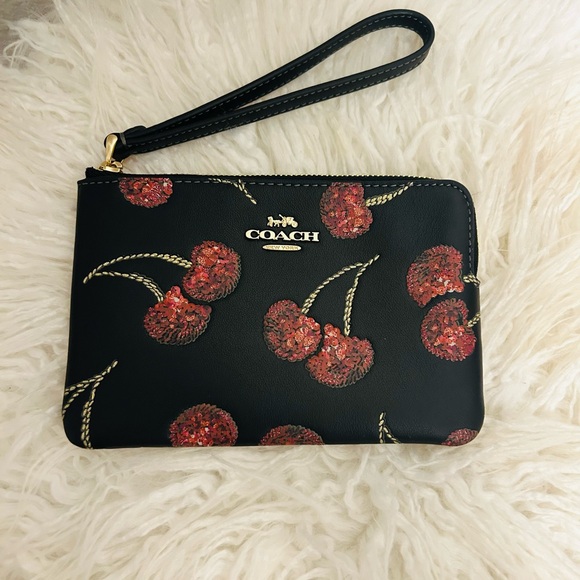 Coach Handbags - Coach Corner Zip Cherry Sparkle Black Wristlet with Gold Accents NWT